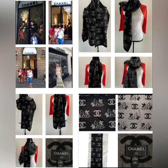 CHANEL 100% CASHMERE SCARF WITH CC LOGO AND CLASSIC FLOWERS ❤️❣️ - Picture 10 of 10